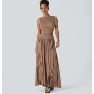 HALARA Ribbed Maxi Dress XL Brown Sleeveless Ruched Pockets Flowy NWT